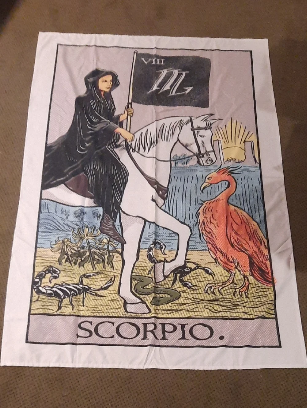 Scorpio Tarot Art Tapestry - White Background with Multicolor Print